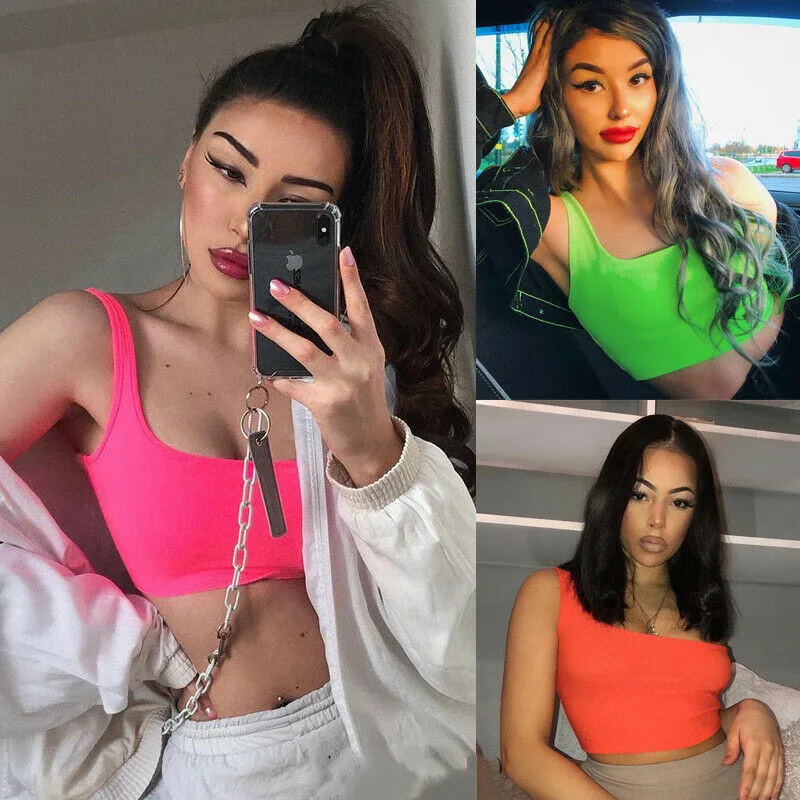 Womens Neon Crop Top Summer Sexy One Shoulder Tank Top Party Club Streetwear Fashion Camisole Ladies Vest Tee Clothes NEW