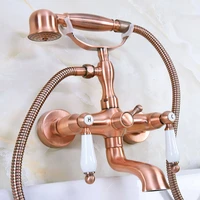 antique red copper brass dual ceramic handles wall mounted clawfoot bath tub faucet mixer tap with hand shower spray mna327