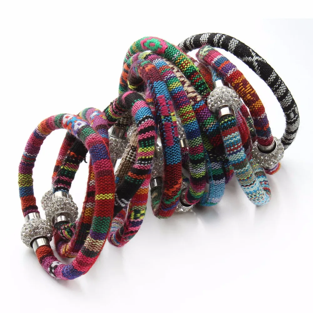 

Lacoogh New Handmade Multicolor Knitted Ethnic Retro Bohemia Bangles Female Shambhala Magnetic Button Charms Bracelets for Women