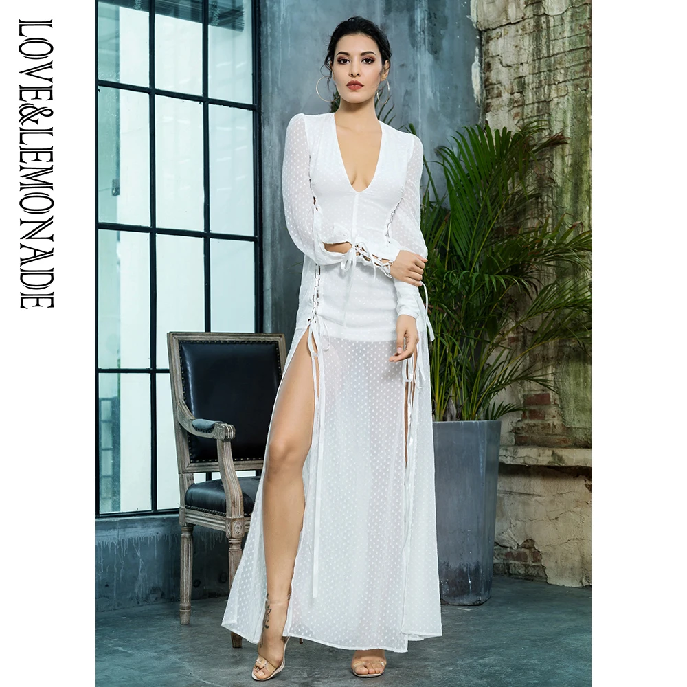 Женское жаккардовое платье LOVE &amp LEMONADE длинное белое из шифона с глубоким