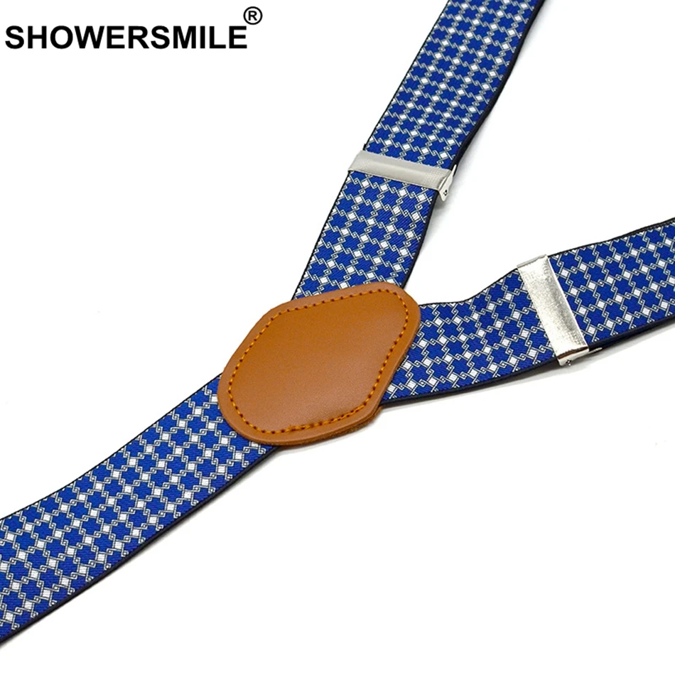 SHOWERSMILE мужские брюки ремень с кожаной синей клетчатой деловой подтяжки широкие регулируемые Elasitic подтяжки 3 зажимы Y Ремни на спине