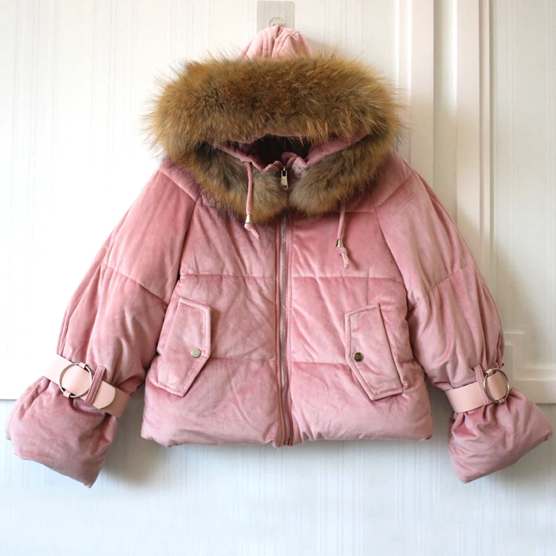Женская зимняя куртка 2018 большой пуховик с воротником из натурального меха енота