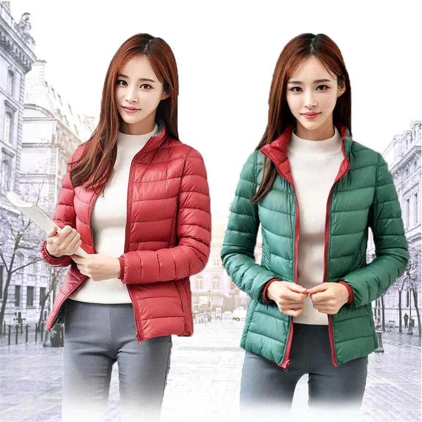 Женский короткий пуховик с двухсторонним воротником легкая тонкая куртка белого