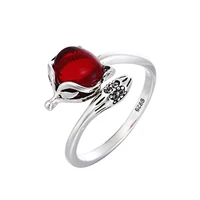 100 925 sterling silver retro style thai silver cute little fox red crystal ladiesfinger rings jewelry women party open ring