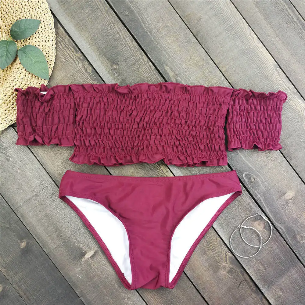 Off Shoulder Bikini Women Leaf Print Swimwear Pleated Biquini Brazilian Bikinis Push Up Swimsuit Bathing Suit Bandage Beachwear |