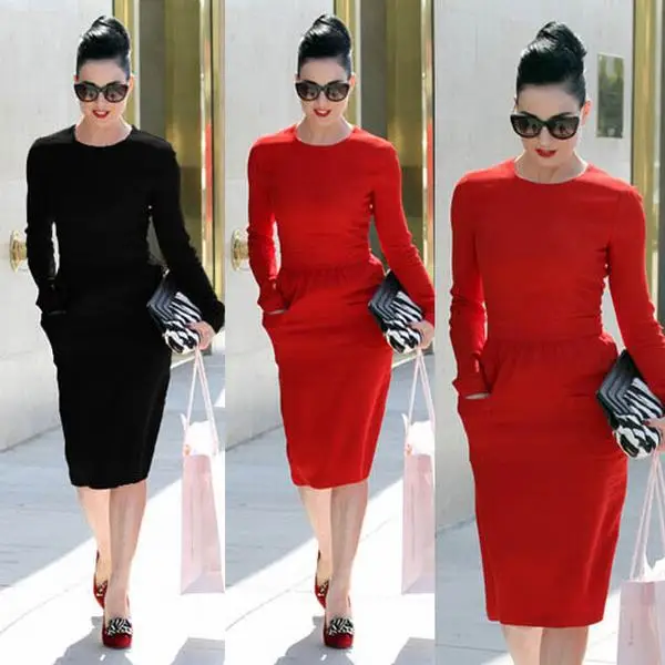 Новинка современные женщины стиль . длинный рукав круглый воротник платье с
