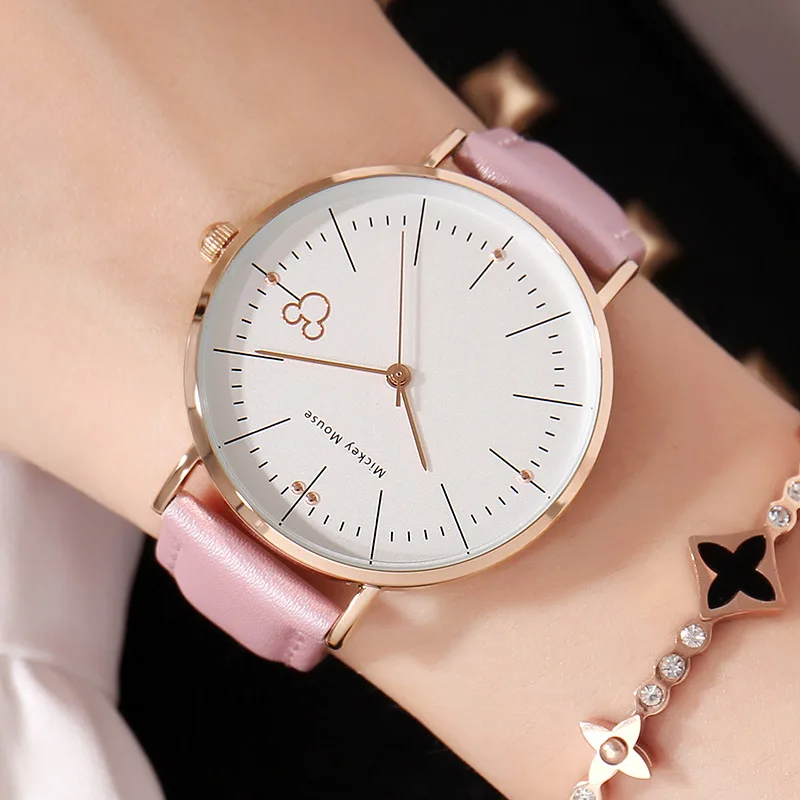 Оригинальные женские ультратонкие часы с Микки Маусом от disney, подарок для милой девушки, очаровательные кварцевые часы из кожи, дешевые женские непревзойденные часы