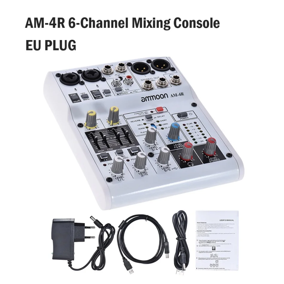 EU Plug 6-Channel Ammoon аудио смеситель микшерный пульт звуковая карта встроенная 48В Мощность Поддержка с Мощность адаптер USB кабели для Запись - Цвет: EU Plug 6-Channel