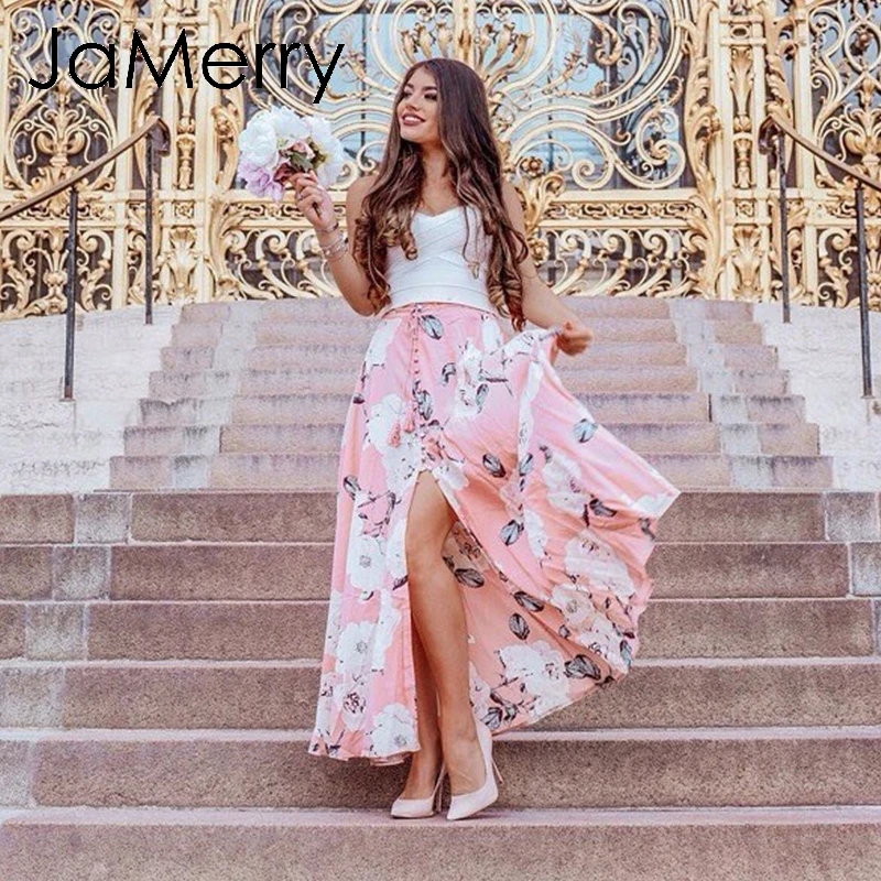 JaMerry Boho Сексуальная Цветочная длинная юбка с принтом женская кнопка пояс пляжная
