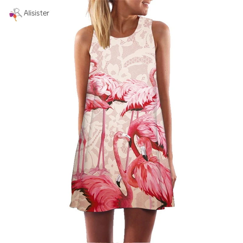 Без рукавов с принтом женское платье Фламинго цветочный сарафаны Новая мода