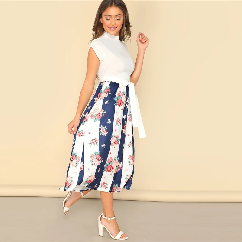 SHEIN Контрастное Цветочное Платье С Узлом И Стоячим Воротником Женское Летнее Многоцветное Повседневное Платье С Поясом