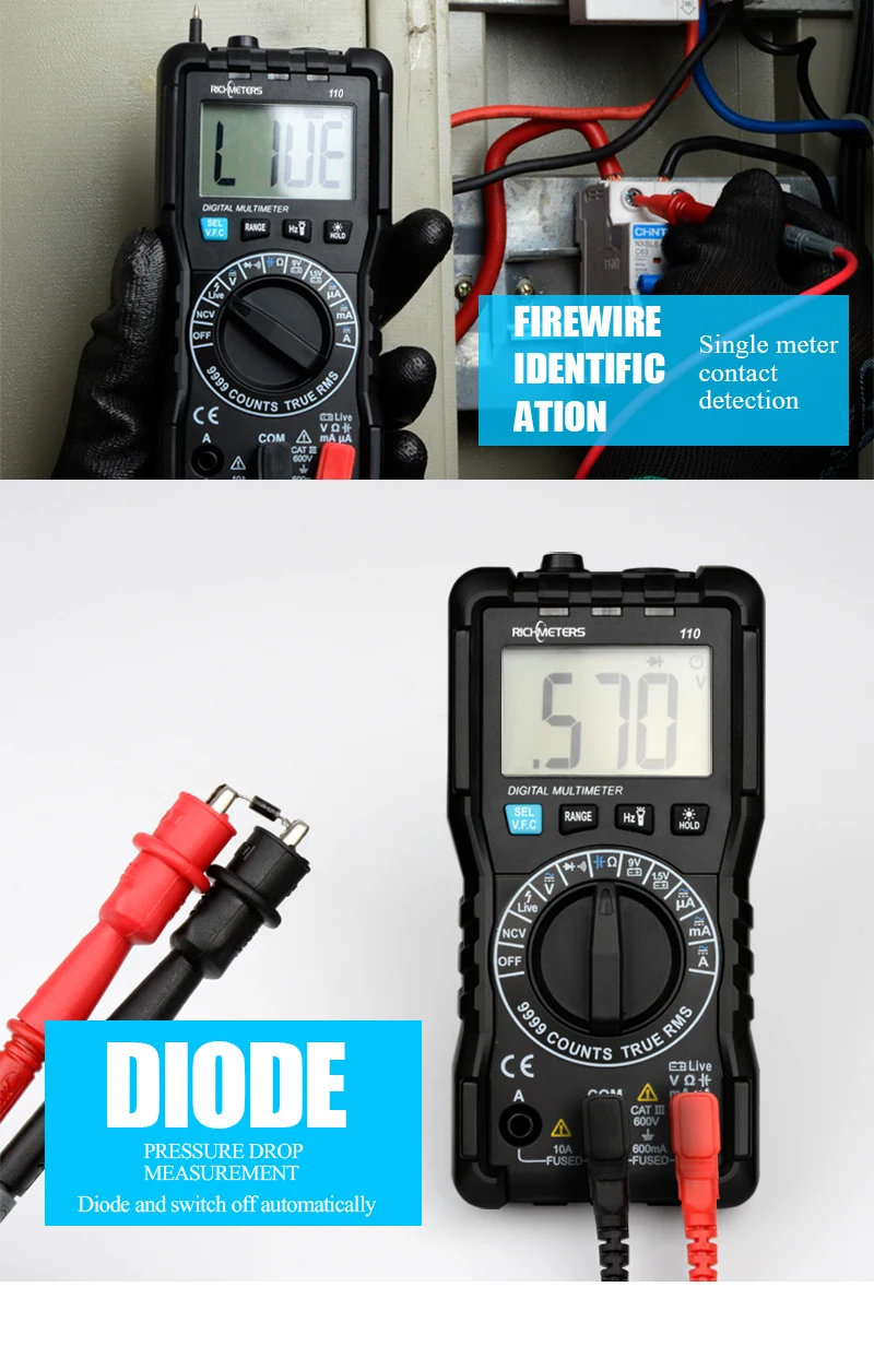 Цифровой мультиметр RICHMETERS 110 TRUE-RMS 9999 отсчетов NCV подсветка AC DC Напряжение Ток Сопротивление тестер батареи