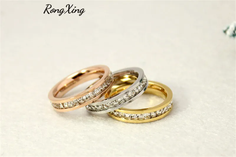 RongXing серебряные/Золотые/розовые золотые титановые стальные однорядные CZ кольца