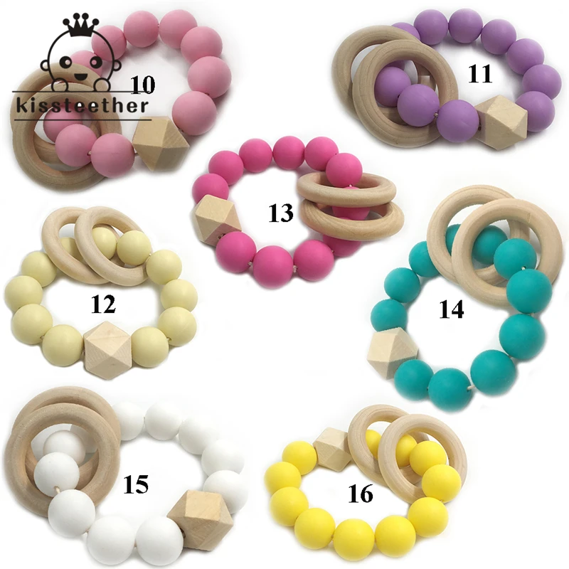 Mordedor de silicona hecho a mano para beb&eacute;, cuentas de silicona para lactancia, dentici&oacute;n, anillo de madera con pulsera, elefante de madera, 2 uds.-3