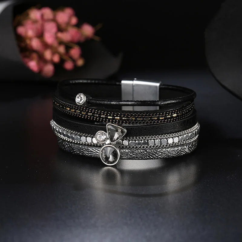 Женский кожаный браслет широкий со стразами и кристаллами|leather crystal bracelet|crystal