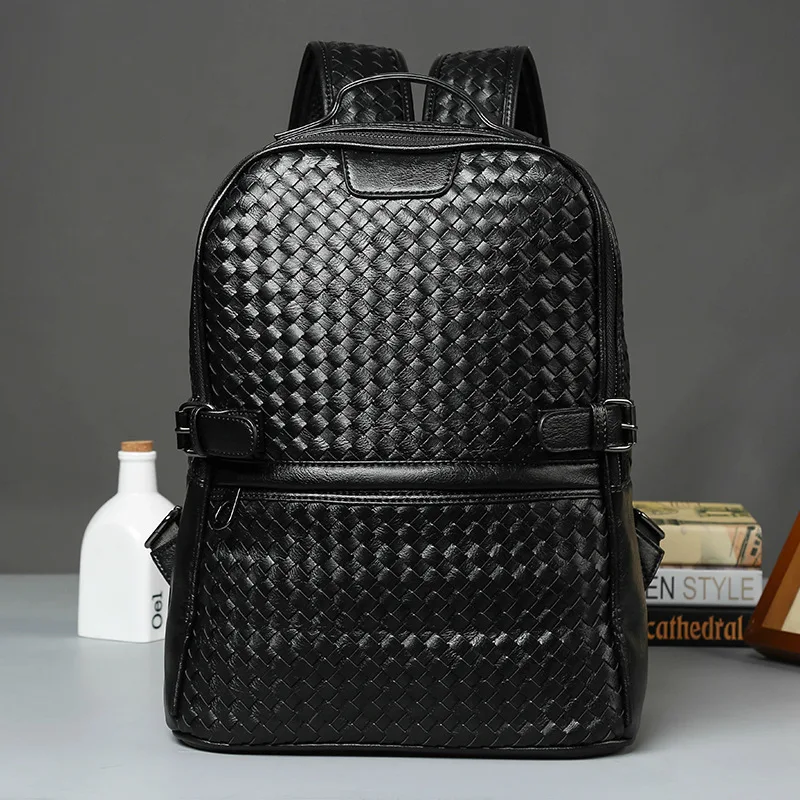 Cool ! Black Leather Backpack Schoolbag Fashion Solid Weave Backpacks men Large capacity Travel Laptop mochila | Багаж и сумки