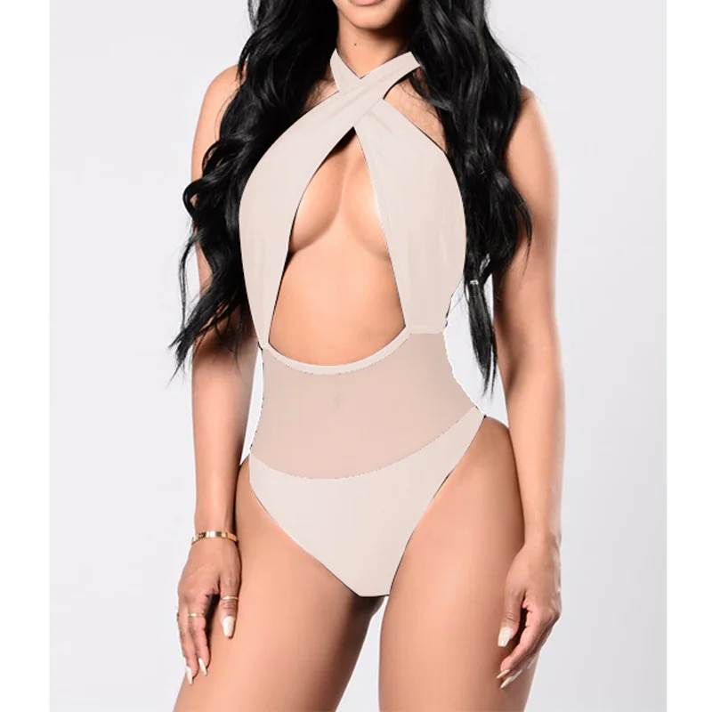 Сексуальный цельный купальник из сетчатого материала сплошной цвет черный белый