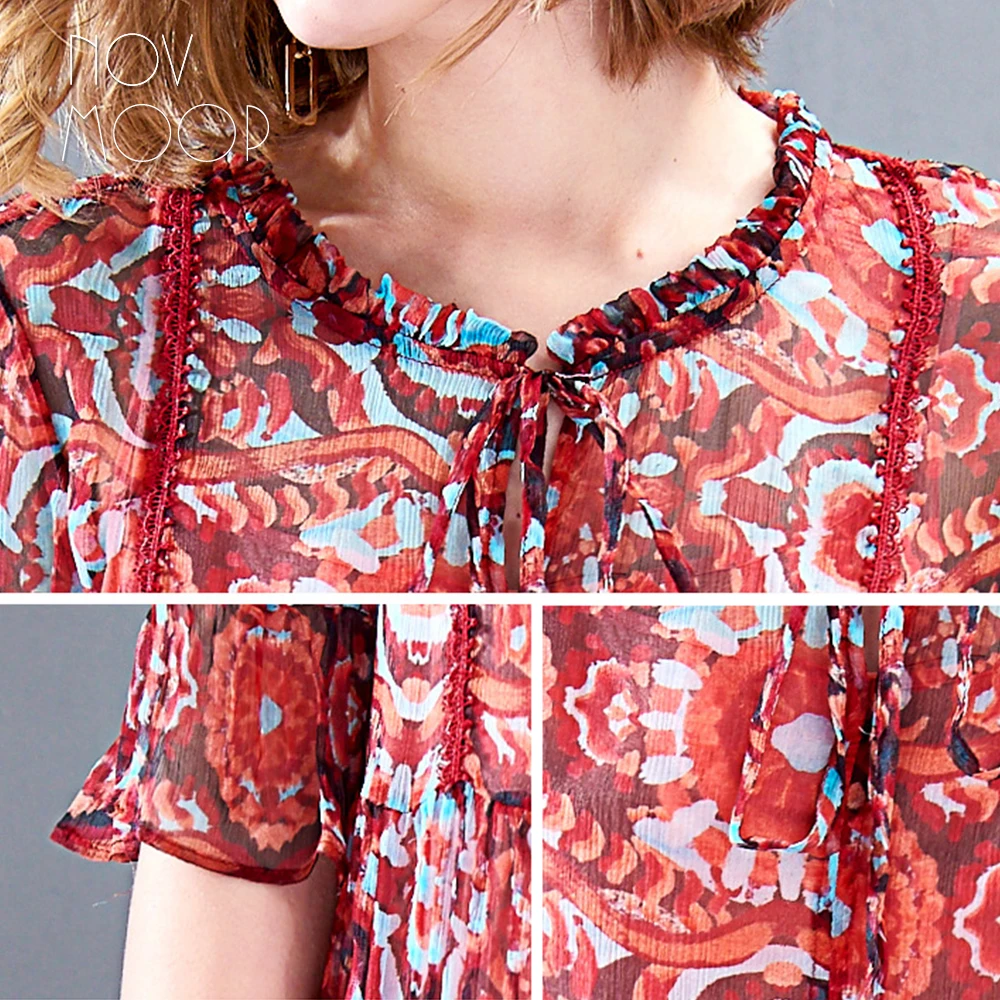 Novmoop European floral printed large size half-sleeve natural silk women dress for office outdoor robe en soie natural LT2778