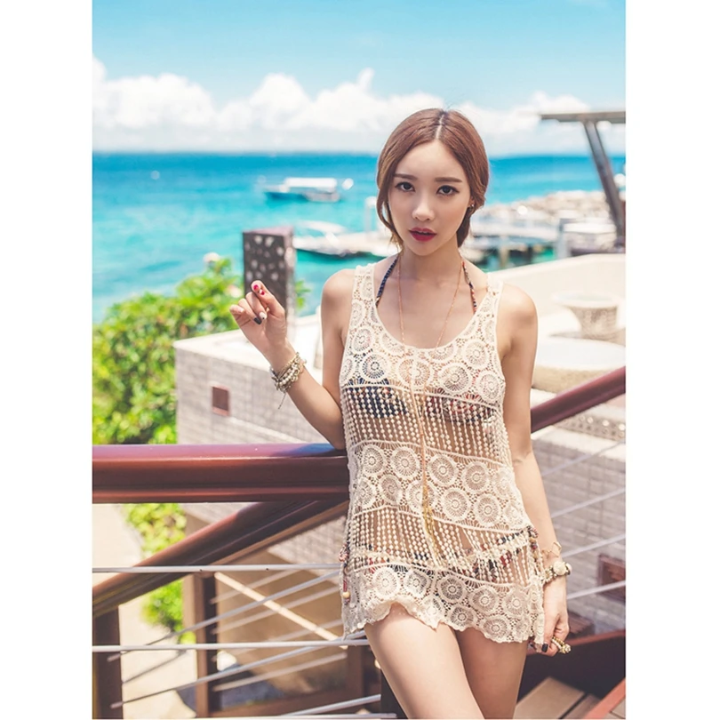 Sexy Ladies Handmade Crochet Summer Beach Lace Cool Shirt Sleeveless Women Bohemian Long Blouse