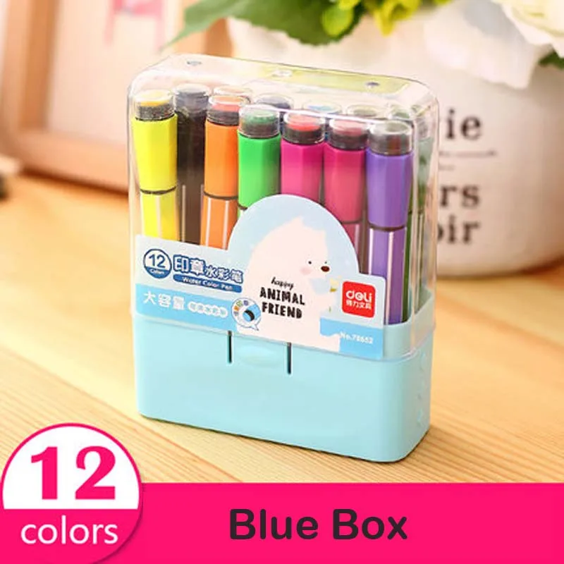12 colors Blue Box 1 комплект с двойной головкой, детские моющиеся акварельные ручки с принтом, подарок на день рождения, вечерние украшения - Цвет: 12 colors Blue Box
