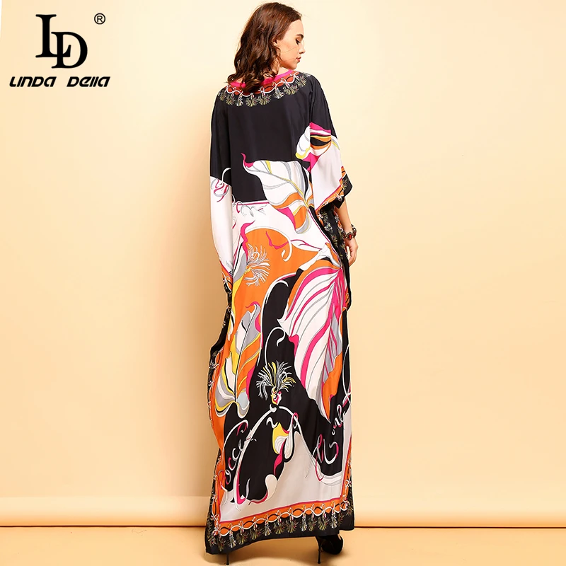 LD LINDA DELLA Fashion Runway Plus Size Dress Women's Batwing Sleeve Printed Side Split Vintage Vacation Loose Maxi Long Dresses