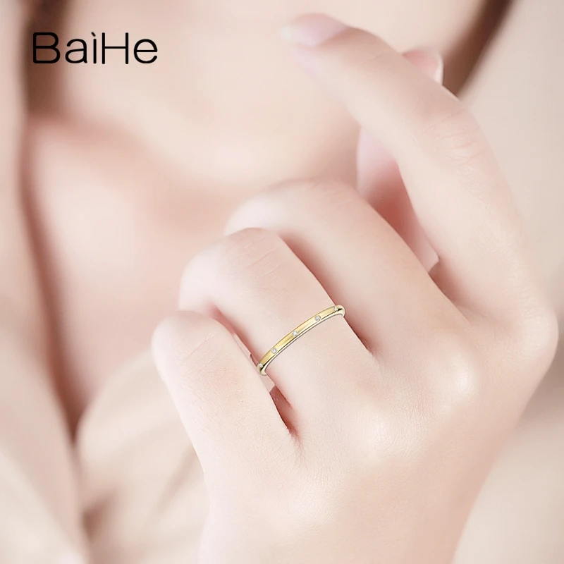 BAIHE Твердое 18 к Желтое золото(AU585) 0.06ct сертифицированное H/SI круглое кольцо с натуральными бриллиантами для помолвки для женщин, модное Ювелирное кольцо