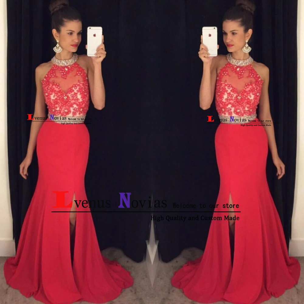 Женское вечернее платье с открытой спиной robe de bal красное лямкой на шее 2019 |