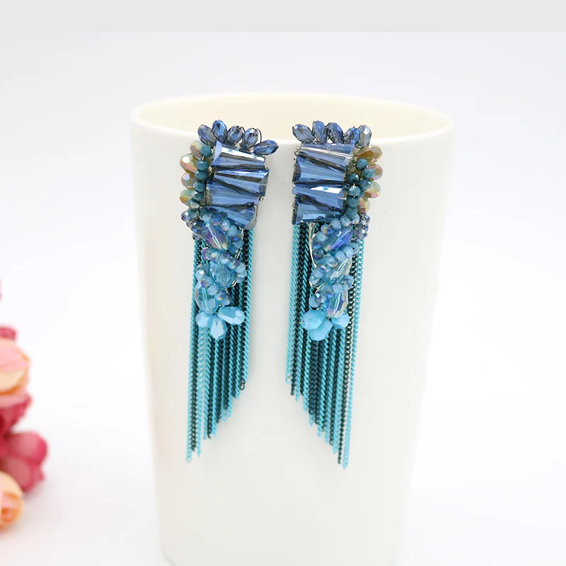 2 цвета с украшением в виде кристаллов сережки с кисточками boho длинная цепь Длинные Висячие серьги для Для женщин ручной работы в богемном стиле, украшенные Бахромой Серьги Корейская Ювелирная повязка на голову