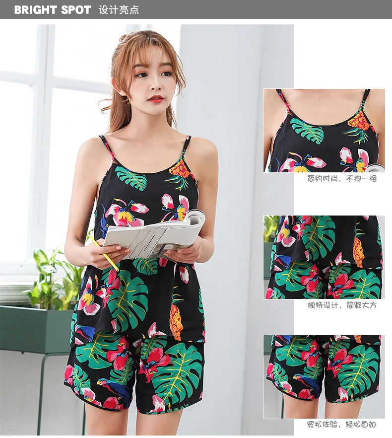 Women's pajamas autumn pure cotton long-sleeved summer sweet sexy suspenders nightgown three-piece suit home clothes flower
