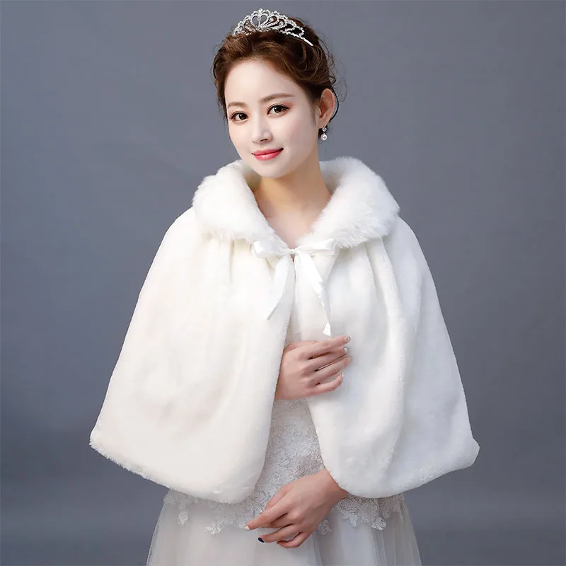 Winter Bridal Capes For Wedding Dress Faux Fur Shawl Wrap Wedding Bridal Bridesmaid Wraps Warmer Women Shawl With Ribbon Cloak images - 6