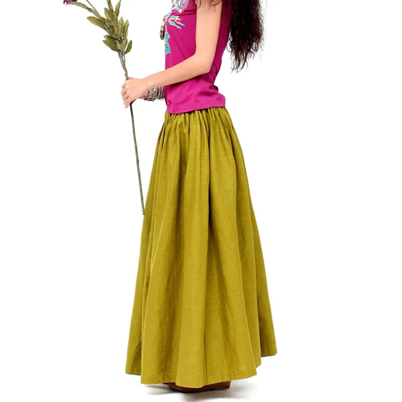 Женская винтажная желтая юбка из хлопка льняная Повседневная Макси в