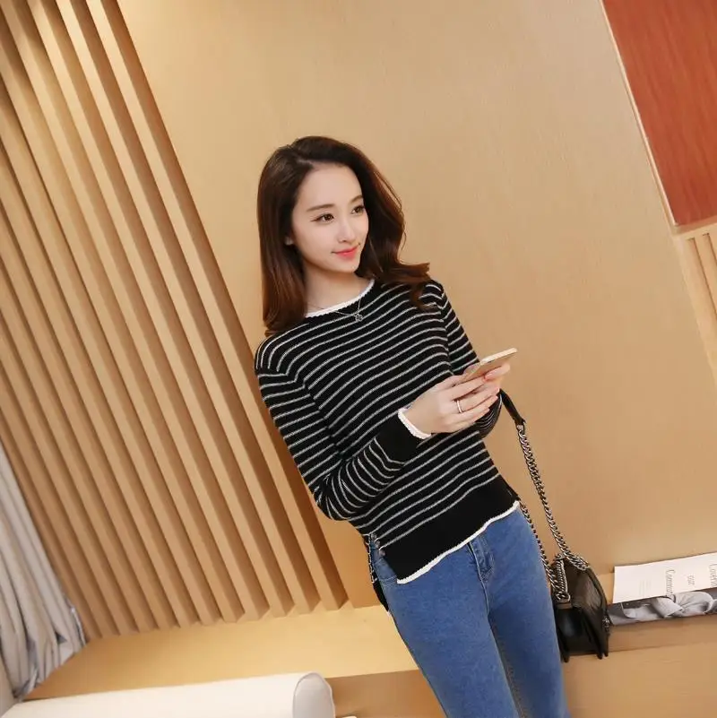 Новый 2016 Весенняя Мода свитер Женщин высокой упругой Полосатый женщин тонкий