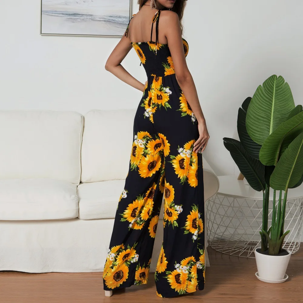 Женский Летний комбинезон на тонких бретельках длинный без рукавов с принтом в
