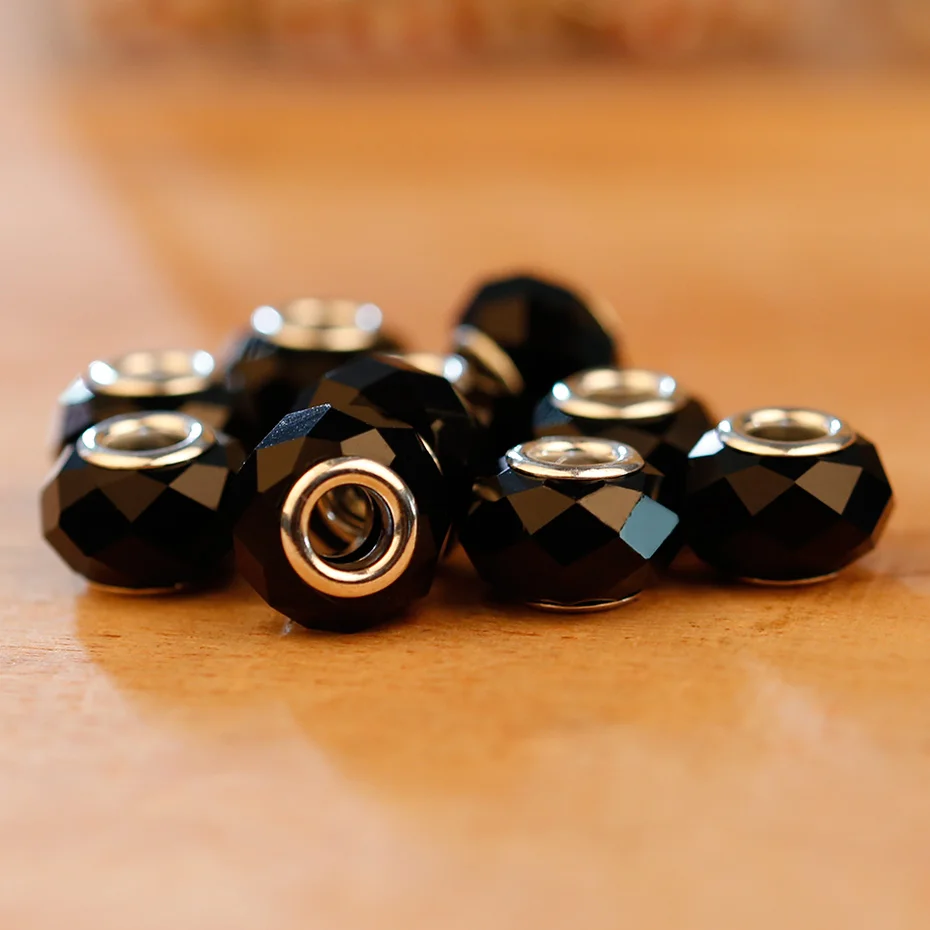 

10 Pcs a Lot Angular Black Crystal Beads Round Chamilia Spacer European Murano Czech Bead Charm Fit For Pandora Bracelet Charms