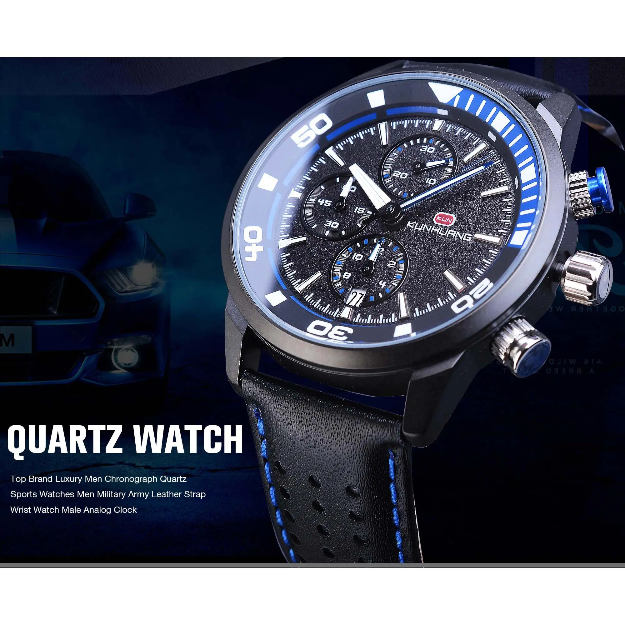 Blue Men Casual Sport Watch Male Calendar Stopwatch Quartz Waterproof Genuine Leather Band Relogio Masculino Clock Dropship Hour | Наручные