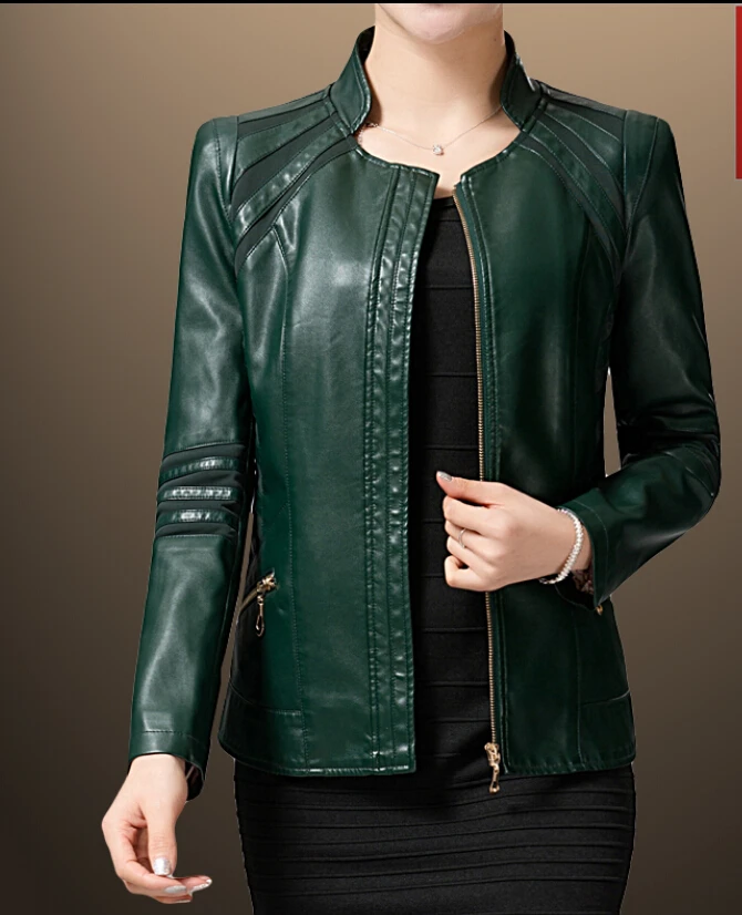 

Free shipping Autumn and winter women leather clothing women PU patchwork leather jacket mother clothing stand collar / L-6XL