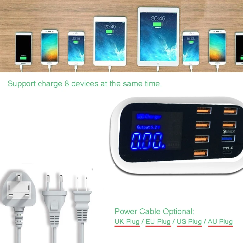 QC3.0 телефон со светодиодным дисплеем 8 USB портов|Адаптеры для розеток| |