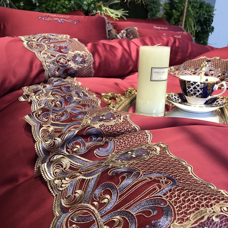 Красный роскошный 4/5 шт Золотое кружево 100S Tencel Шелковый Свадебный комплект