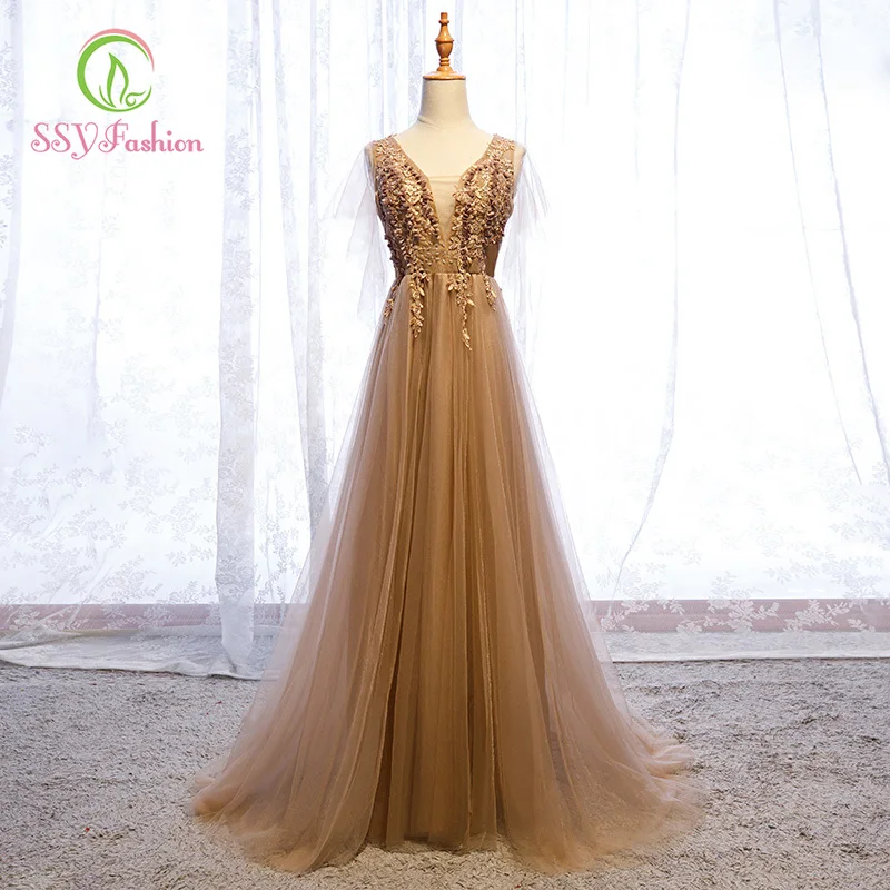 Женское вечернее платье до пола SSYfashion темно-желтое фатиновое с V-образным вырезом