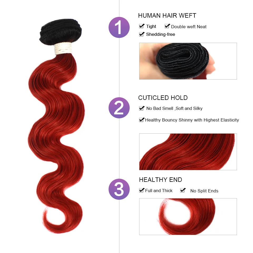 Омбре красный объемный волнистый пучок s с закрытием 4 малазийские 1B 99J бордовый