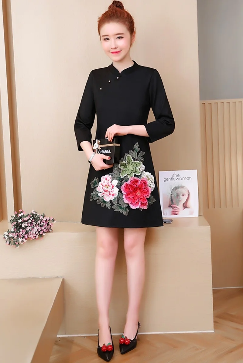 Женское платье осень Cheongsam Qipao женское восточное платье размера плюс Красное Ретро Новогоднее платье Элегантное китайское платье TA1599