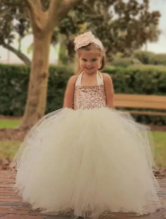 Flower Girl Dresses for Wedding Bling Rose Gold Sequins Ivory Puffy Bottom Ball Gown Girls Pageant Dress Custom Made | Детская одежда и