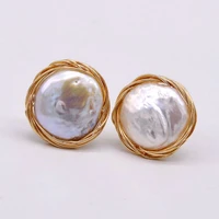 handmade stud earrings natural white baroque pearl earrings coin shape pearl womens gold earrings gifts for mom