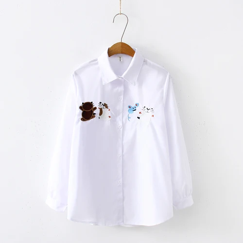 2019 Япония стиль животных вышитые блузки рубашка для женщин Тонкий Белый Топы с