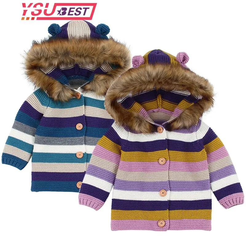 

Детский свитер; кардиган для мальчиков; Осенняя трикотажная куртка в полоску с капюшоном и искусственным воротником для мальчиков и девоче...