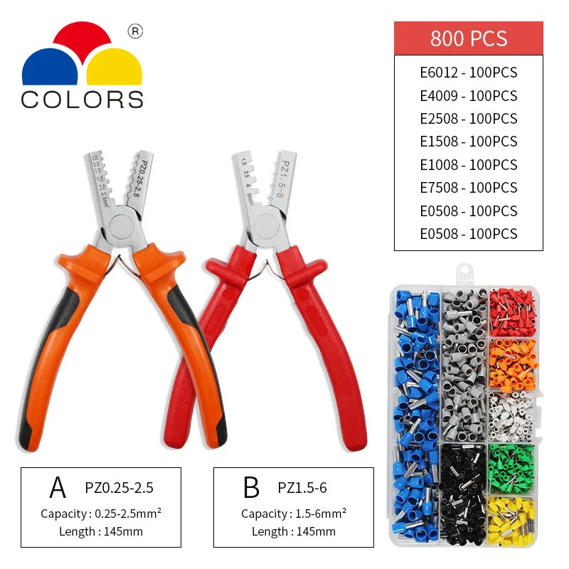 Terminal set 800pcs Шестиугольник 6-4 0,25-10 мм 23-7AWG четырехугольник трубки обжимной для обжима пресс Клещи обжимные ручной наконечников проводов инструмент HSC8 - Цвет: Terminal set 800pcs