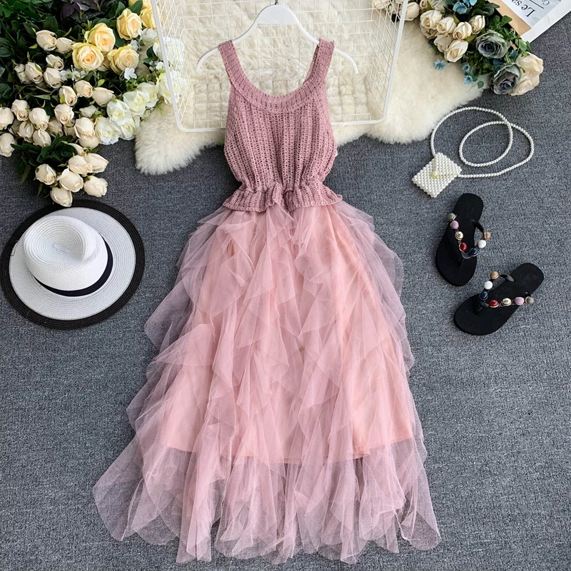 Женская одежда 2019 г. летнее вязаное платье в стиле пэчворк с сетчатыми вставками