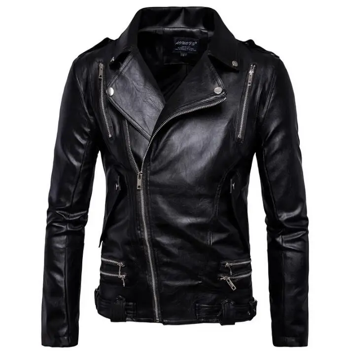 Черная мужская кожаная мотоциклетная куртка из искусственной кожи