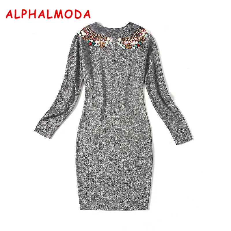 Женское трикотажное платье ALPHALMODA облегающее однотонное с длинным рукавом и