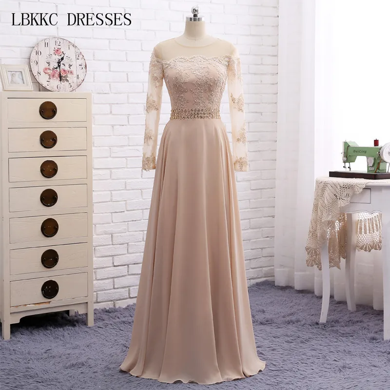 

Long Sleeves Champagne Evening Dress Long A Line Vestido De Noche Fornal Party Gown Robe De Soiree Longue 2018